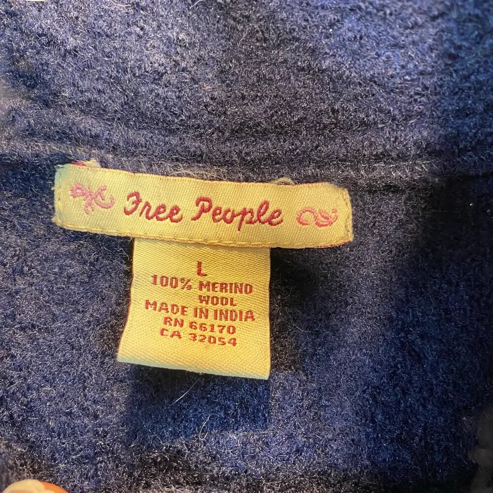 Free People Women Large Double Breasted Sweater Jacket Button Belted Wool Boho